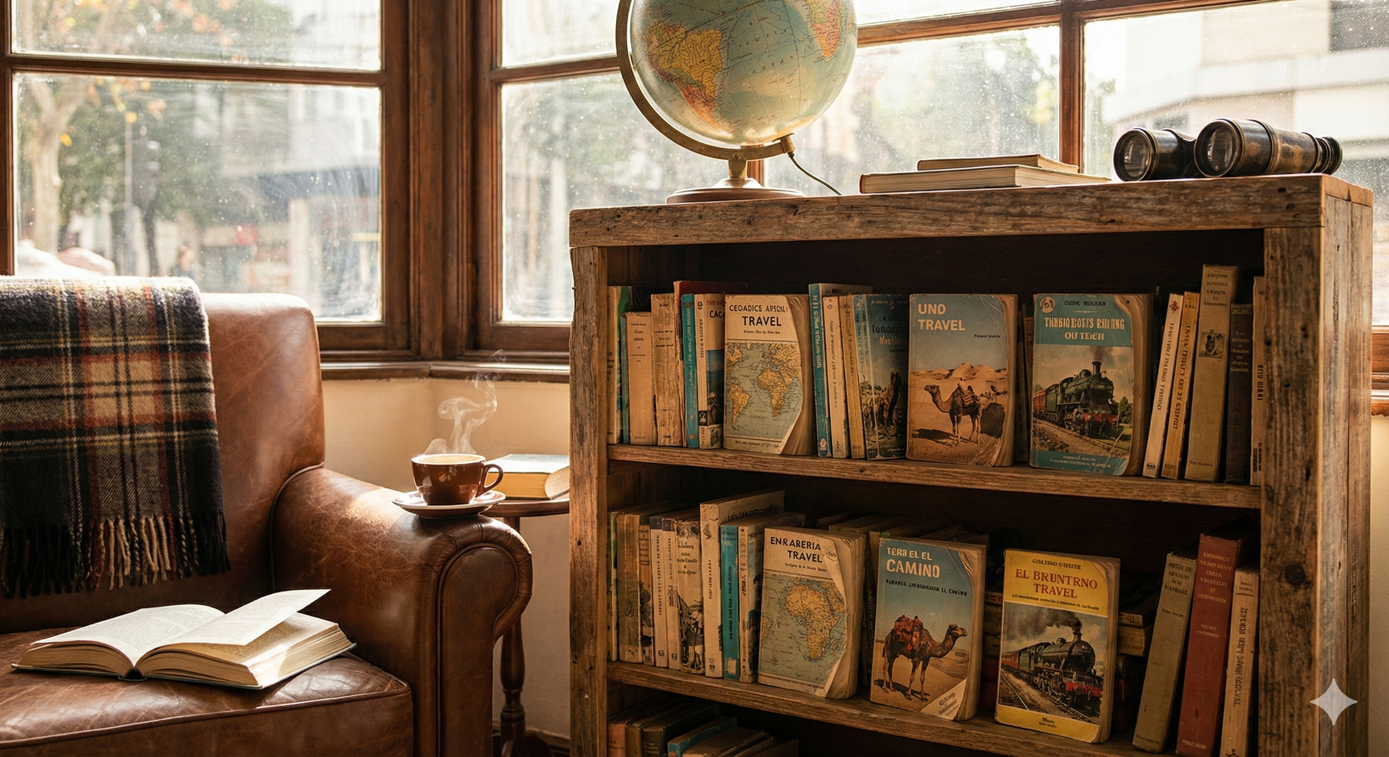Rincón de lectura acogedor con literatura de viajes de segunda mano y objetos de explorador en Librería Oeste."