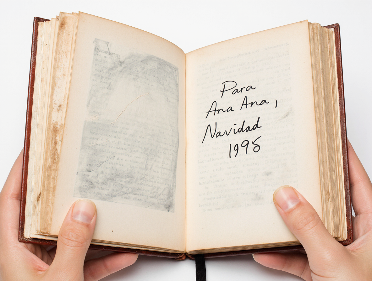 unas manos sosteniendo un libro abierto. El foco está en una dedicatoria antigua escrita a pluma en la primera página