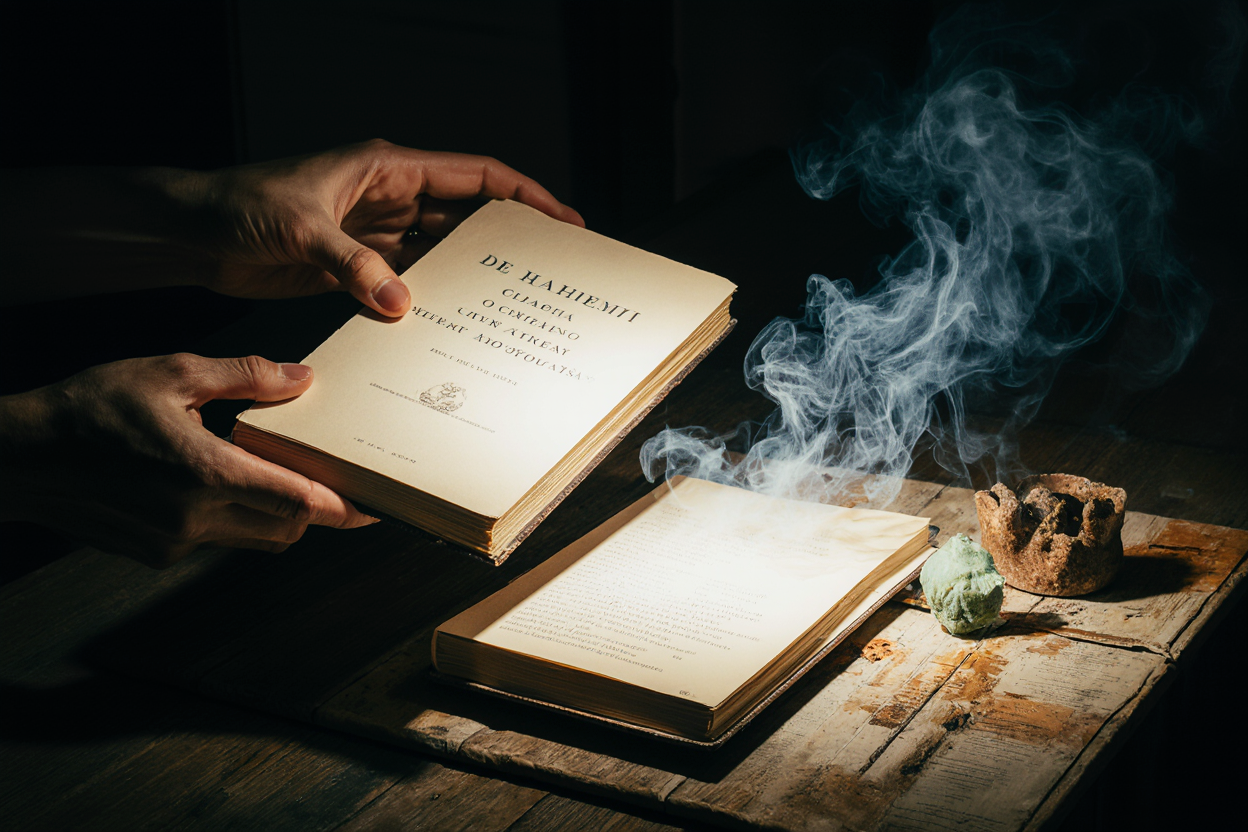 Mano inspeccionando meticulosamente el lomo y el interior de un libro de segunda mano en una estantería, buscando signos de daño, humedad o plagas.