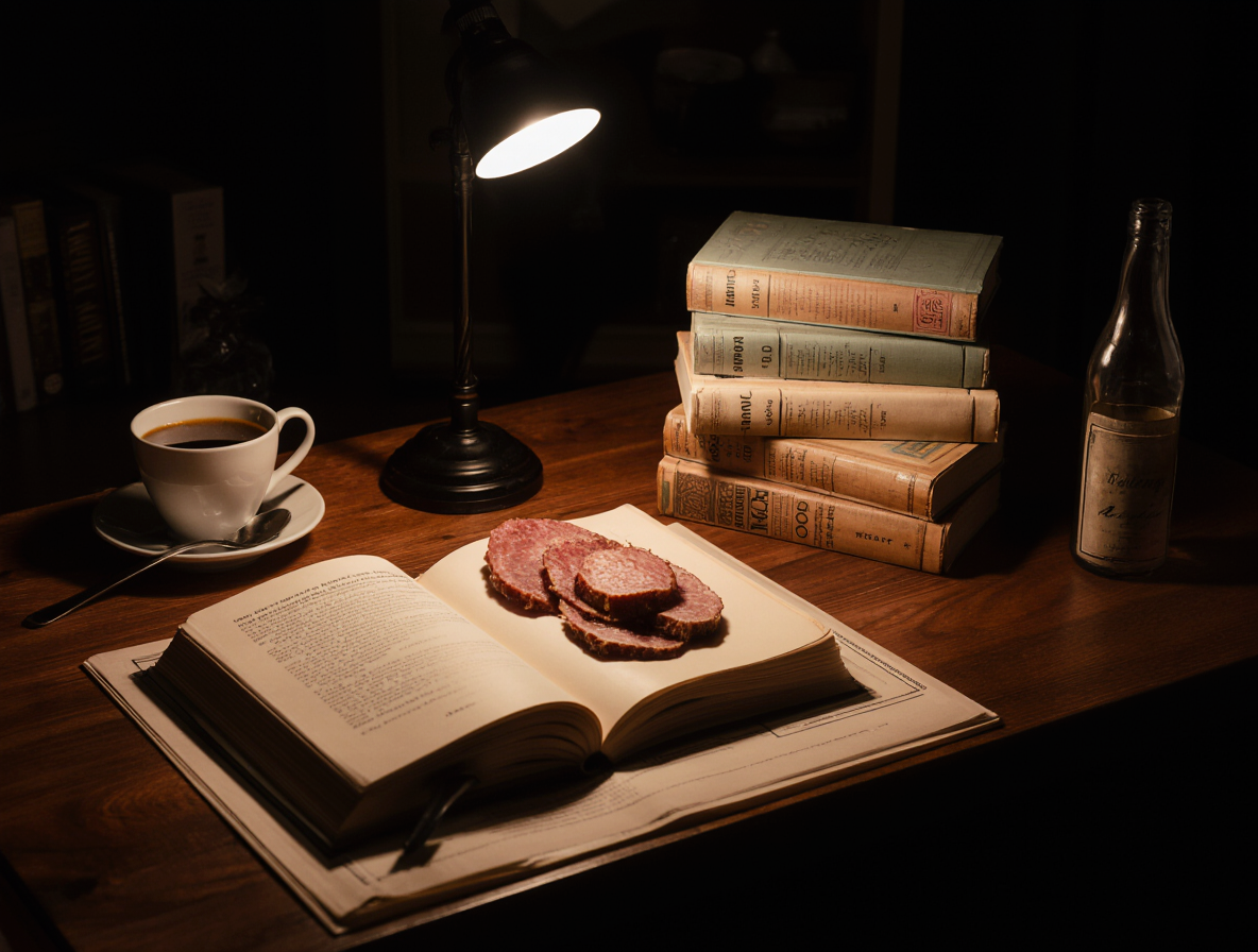 Pila de libros de misterio de segunda mano sobre una mesa de madera con una lupa y café, evocando lectura acogedora.