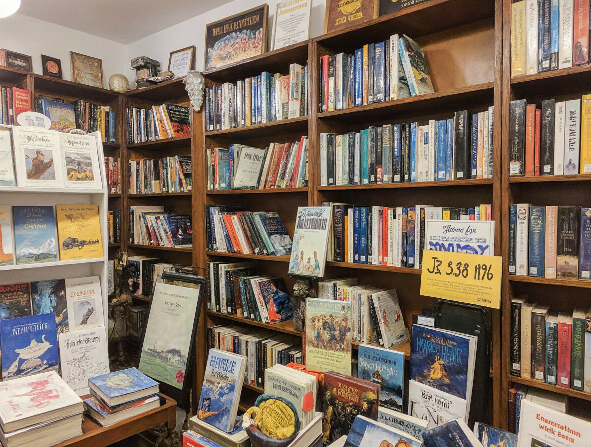 Rincón de lectura acogedor con literatura de viajes de segunda mano y objetos de explorador en Librería Oeste."