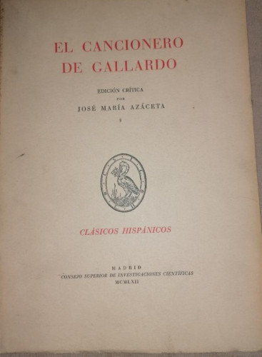 Portada del libro de EL CANCIONERO DE GALLARDO. Edición crítica por José María Azáceta.