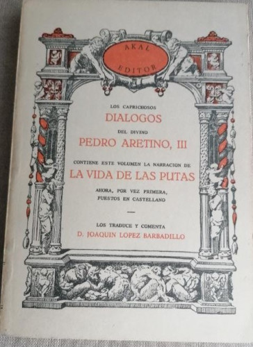 Portada del libro de Los caprichosos diálogos del divino Pedro Aretino, III.