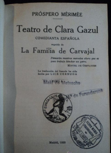 Portada del libro de TEATRO DE CLARA AZUL.(3 vol) LA FAMILIA CARVAJAL. MARIME. ED. ESPASA. 1933