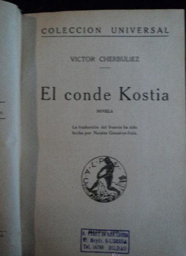 Portada del libro de EL CONDE COSTIA. VICTOR CHERBULIEZ 2 TOMOS. 1934 262 Y 181 PAG