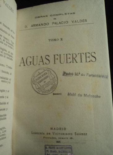 Portada del libro de AGUAS FUERTES. ARMANDO PALACIO VALDES. LIB.VICTORIANO SUAREZ.1921 286 PAG