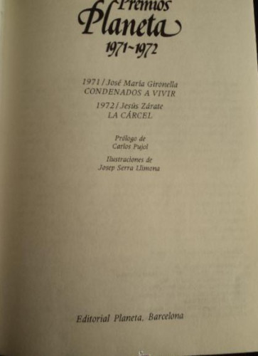 Portada del libro de PREMIOS PLANETA 1971.1972 GIRONELLA Y JESUS ZÁRATE 860 PAG