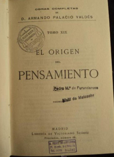 Portada del libro de EL ORIGEN DEL PENSAMIENTO. PALACIO VALADES. LIB.VICTORIANO SUAREZ. 1923 319 PAG
