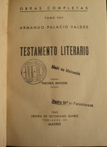 Portada del libro de TESTAMENTO LITERARIO. PALACIO VALDES. E.DVICTORIANO SUAREZ. 1943 239 PAG