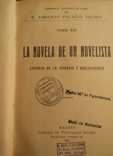 Portada del libro de LA NOVELA DE UN NOVELISTA. PALACIO VALDES. ED. VICTORIANO SUAREZ. 1922 310 PAG