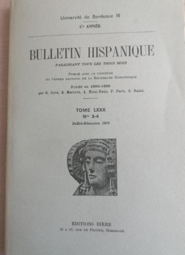 Portada del libro de Bulletin Hispanique. Université de Bordeaux Paraissant tous les trois mois. 1978 LXXX nº 3-4