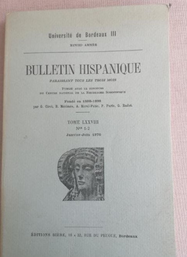 Portada del libro de Bulletin Hispanique. Université de Bordeaux Paraissant tous les trois mois. 1976 LXXVIII nº 1-2