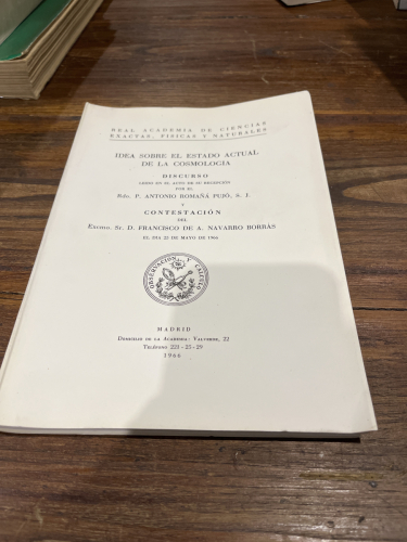Portada del libro de IDEA SOBRE EL ESTADO ACTUAL DE LA COSMOLOGÍA.  MADRID,1966,243 PÁG.