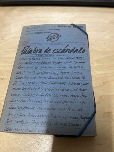 Portada del libro de Julio ORTEGA (ed.) : Palabra de escándalo. (Tusquets ed., col. Textos en el aire, 1974)