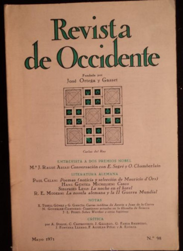 Portada del libro de ESPEC.LITERATURA ALEMANA. REVISTA DE OCCIDENTE.1971 Nº 98 257 PAG