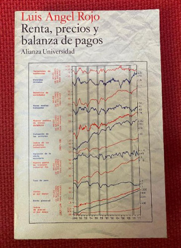 Portada del libro de RENTA, PRECIOS Y BALANZA DE PAGOS. LUIS ÁNGEL ROJO. ALIANZA UNIVERSIDAD, 1975.