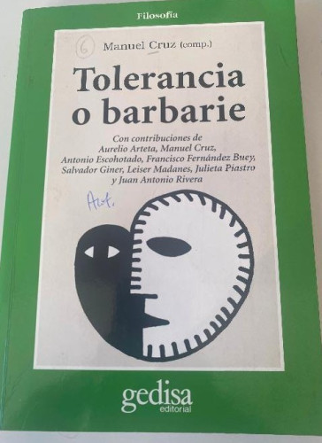 Portada del libro de TOLERANCIA O BARBARIE. MANUEL CRUZ. GEDISA, 1998.
