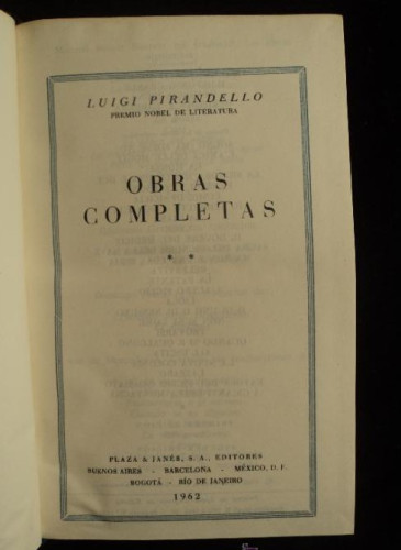 Portada del libro de PIRANDELLO. OBRAS COMPLETAS. VOL. 2 1962 1259 PAG