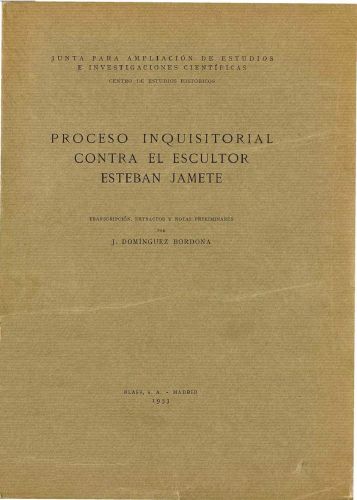 Portada del libro de Proceso inquisitorial contra el escultor Esteban Jamete