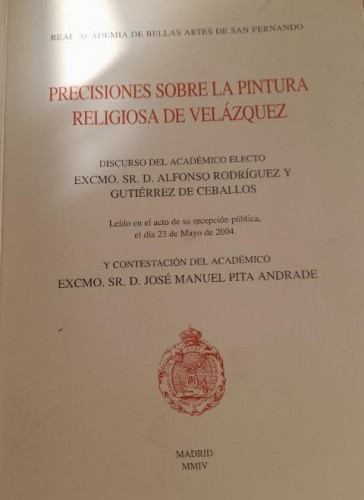 Portada del libro de Precisiones sobre la pintura religiosa de Velázquez por Alfonso Rodríguez y Gutiérrez de Ceballos