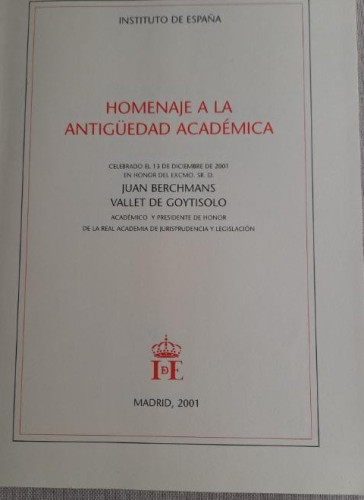 Portada del libro de Homenaje a la antiguedad academica. Alberto Dou. Instituto de España. Madrid 2003 16pp