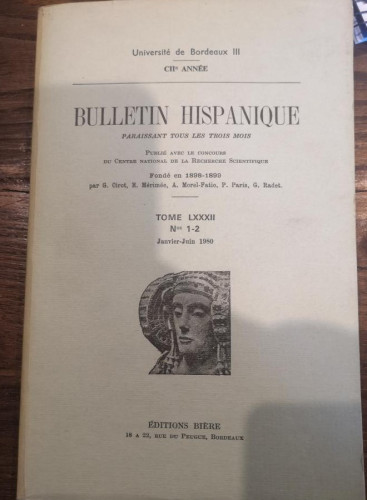 Portada del libro de Bulletin Hispanique. Université de Bordeaux Paraissant tous les trois mois-3-4 1980