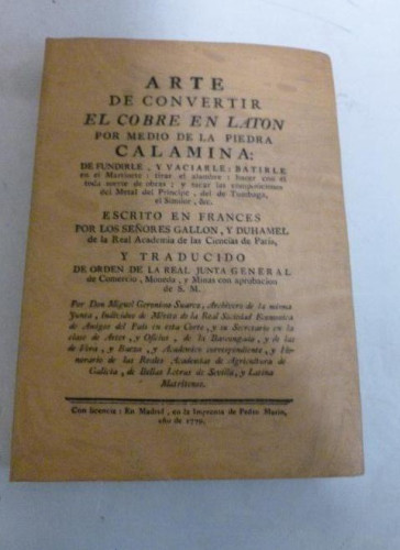 Portada del libro de ARTE DE CONVERTIR EL COBRE EN LATON POR MEDIO DE LA PIEDRA CALAMINA Gallon / Duhamel