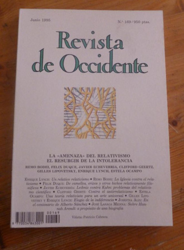 Portada del libro de REVISTA DE OCCIDENTE.JUNIO 1995 Nº 169. LA AMENAZA DEL RELATIVISMO EL RESURGIR DE LA INTOLERANCIA