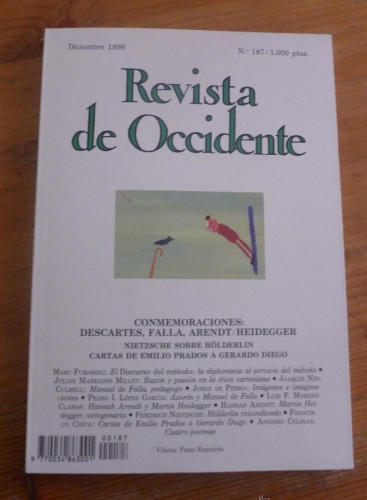Portada del libro de REVISTA DE OCCIDENTE. DICIEMBRE 1996 Nº 187 CONMORACIONES. FALLA,DESCARTES,AREND/HEIDEGGER