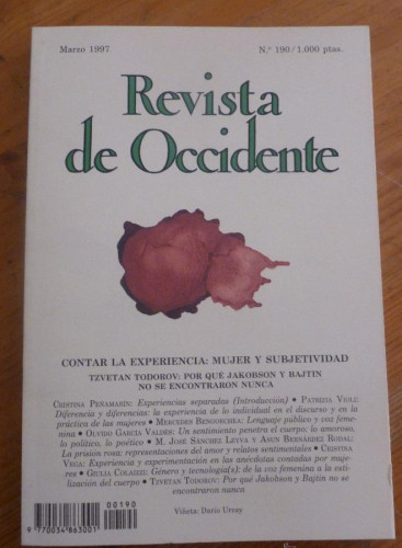 Portada del libro de REVISTA DE OCCIDENTE. MARZO 1997. Nº 190 CONTAR LA EXPERIENCIA. MUJER Y SUBJETIVIDAD.