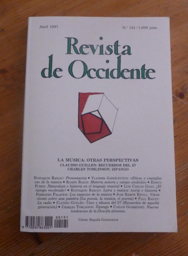 Portada del libro de REVISTA DE OCCIDENTE.ABRIL 1997 Nº 191. LA MUSICA. OTRAS PERSPECTIVAS