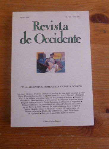 Portada del libro de REVISTA DE OCCIDENTE.DICIEMBRE Nº 37. JUNIO 1984 DE LA ARGENTINA. HOMENAJE A VICTORIA OCAMPO.