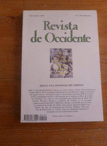 Portada del libro de REVISTA DE OCCIDENTE. NOVIEMBRE 1993. Nº 150. ¿HACIA UNA SOCIEDAD DEL RIESGO?