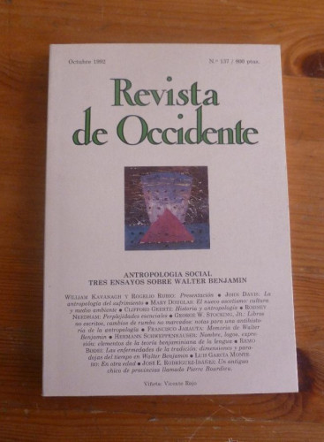 Portada del libro de REVISTA DE OCCIDENTE. OCTUBRE 1992. Nº 137. ANTROPOLOGIA SOCIAL.TRES ENSAYOS W.BENJAMIN