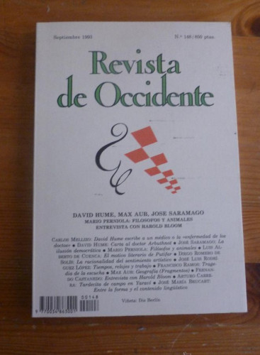 Portada del libro de REVISTA DE OCCIDENTE. SEPTIEMBRE 1993. Nº148. DAVID HUME, MAX AUB,JOSE SARAMAGO.