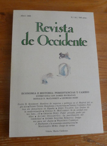 Portada del libro de REVISTA DE OCCIDENTE.ABRIL 1988 Nº83. ECONOMICA E HISTORIA. McCLOSKEY.DUBY.BUCHANAN. 156 pp