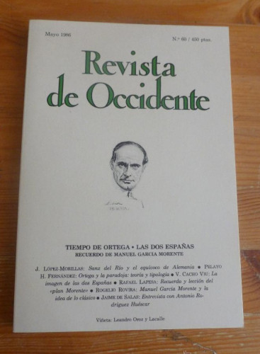 Portada del libro de REVISTA DE OCCIDENTEMAYO 1986. Nº60. TIEMPO DE ORTEGA. LAS DOS ESPAÑAS. 154pp