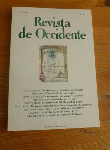 Portada del libro de REVISTA DE OCCIDENTE. 1982. nº 14. ARTOLA,URQUIDI,SIMON HEAD,VICENTE VERDU,NIGEL DENIS. 144 pp