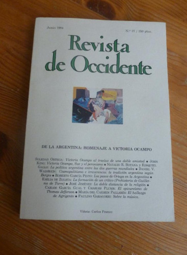 Portada del libro de REVISTA DE OCCIDENTE. JUNIO 1984. DE LA ARGENTINA. HOMENAJE A VICTORIA OCAMPO 168 pp