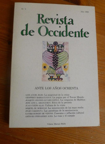 Portada del libro de REVISTA DE OCCIDENTE.AÑO 1980. Nº 1. ANTE LOS AÑOS OCHENTA.ARANGUREN,CUETO, RUBERT DE VENTOS 221 pp