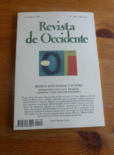 Portada del libro de REVISTA DE OCCIDENTE. NOVIEMBRE 1997. Nº 198. MEXICO. ACTUALIDAD Y FUTURO. 154 pp