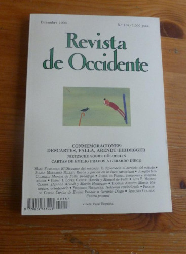 Portada del libro de REVISTA DE OCCIDENTE. DICIEMBRE 1996. Nº 187 CONMEMORACIONES. DESCARTES, FALLA, HEIDEGGER.. 149pp