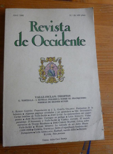 Portada del libro de REVISTA DE OCCIDENTE.ABRIL 1986 . Nº 59. VALLE INCLAN INEDITOS. 150 PAG