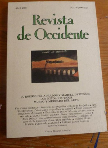 Portada del libro de REVISTA DE OCCIDENTE.ABRIL 1990. Nº 107. RODRIGUEZ ADRADOS Y M. DETIENNE. LOS MITOS EROTICOS. 156 p