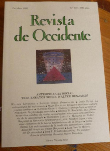 Portada del libro de REVISTA DE OCCIDENTE.OCTUBRE 1992.ANTROPOLOGIA SOCIAL. ENSAYOS W. BENJAMIN. 156 pp