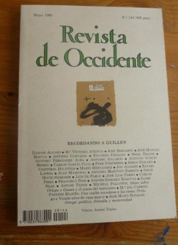 Portada del libro de REVISTA DE OCCIDENTE. MAYO 1993. Nº 144. RECORDANDO A GUILLEN. 162 pp