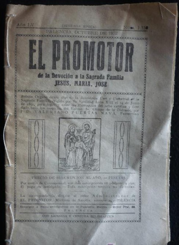 Portada del libro de EL PROMOTOR. DE LA DEV.JESUS, MARIA Y JOSE. PALENCIA OCTUBRE 1952 30 PAG.