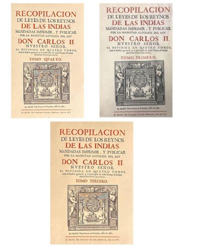 Portada del libro de Recopilación de Leyes de los Reynos de las Indias TOMOS 1, 3 Y 4