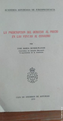 Portada del libro de La prescripción del derecho al precio en las ventas al consumo. Muñoz-planas, José María: INTONSO