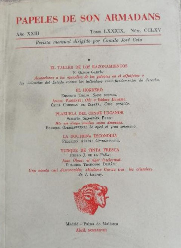 Portada del libro de Papeles dee son armadans. Año XXIII TOMO LXXXIX Núm. CCLXV. Abril MCMLXXVIII 96pp